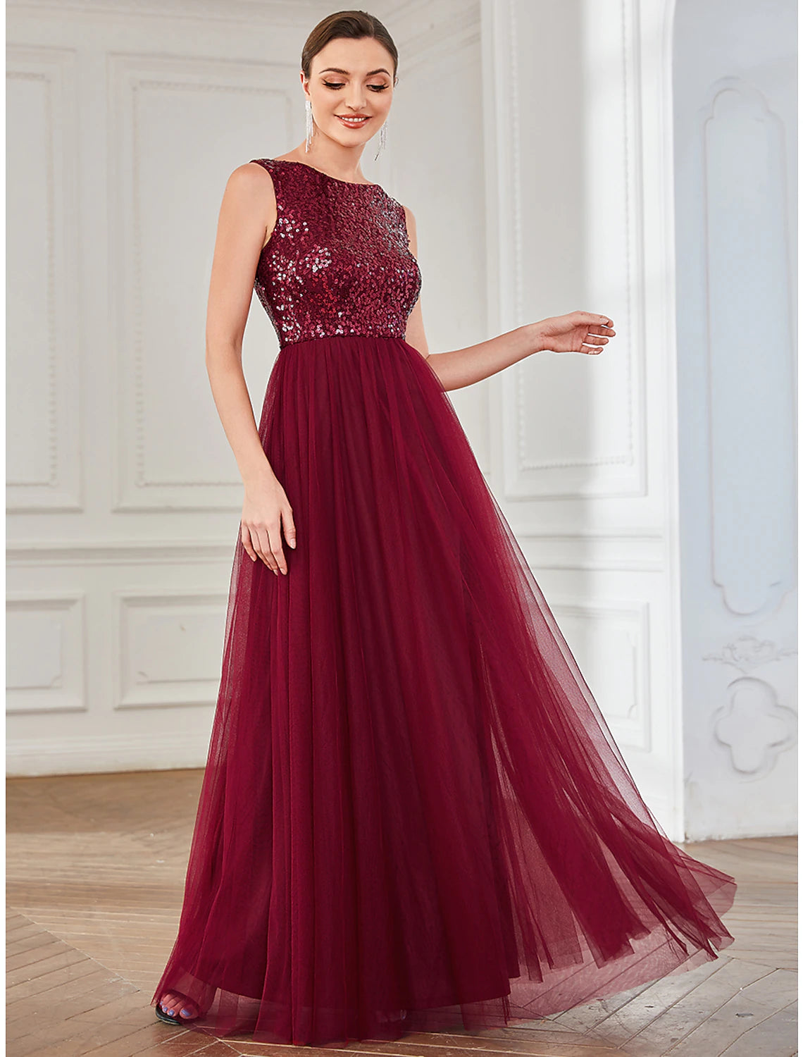 A-Linie Partykleider Elegantes Kleid Hochzeitsgast Bodenlang Ärmellos Juwelausschnitt Tüll mit Pailletten